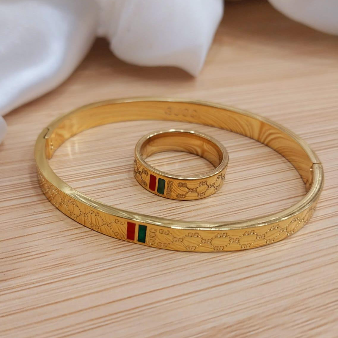 Gold Plated Stainless Steel Bangles And A Matching Ring Providing Elegant Design Everyday Fashion  Size 16 , 17, 18