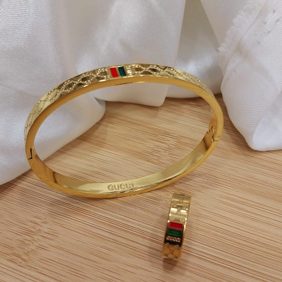 Gold Plated Stainless Steel Bangles And A Matching Ring Providing Elegant Design Everyday Fashion  Size 16 , 17, 18