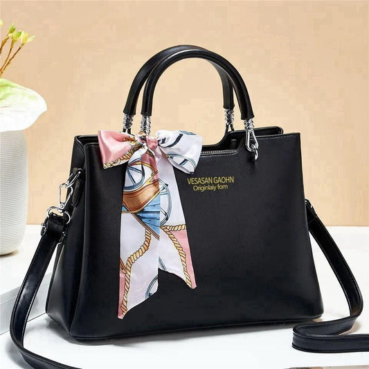 1Pc women Vesasan Gaohn Faux Leather Handbag With Decorative Scarf Elegant Design Premium Quality - Black limited stock