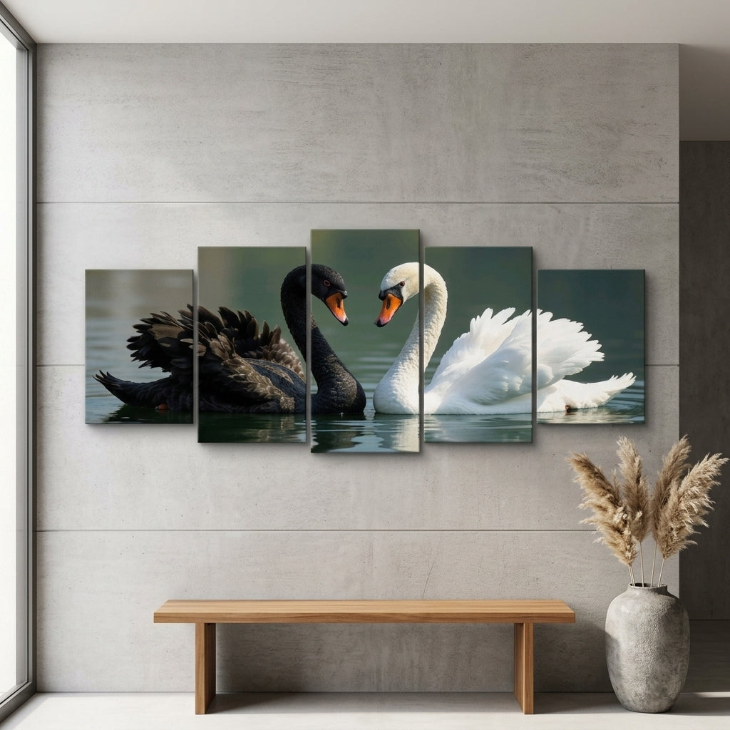 5-Piece Black and White Swan Wall Art Set – 40x16 Inch Wooden Sticky Tiles Ready in Size