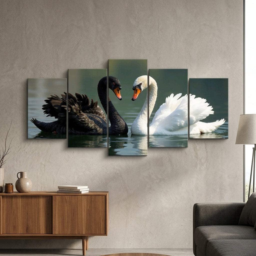 5-Piece Black and White Swan Wall Art Set – 40x16 Inch Wooden Sticky Tiles Ready in Size