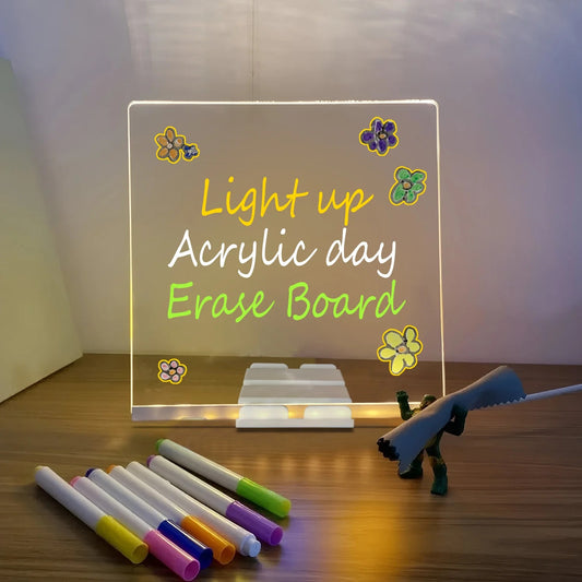 Most Trending LED Light-Up Writing Board with 7 Neon Markers | 15×15cm Acrylic Message Pad with Stand | Erasable Glowing Note Board for Desk, Home & Office